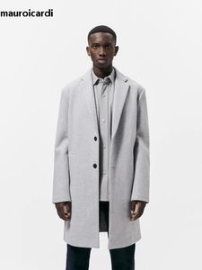 Мужское полушерстяное пальто Mauroicardi, осень-зима, теплое мягкое светло-серое шерстяное пальто, мужское однобортное с разрезом сзади, роскошное пальто из смесовой шерсти 230908