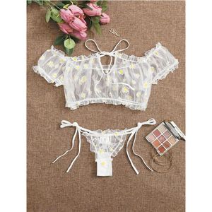 Bras Sets Porno Women Sexy Lingerie Set Costumes Babydoll 2Pcs Pajamas Thongs Tops Daisy Print Lace Transparent See-through Panti346H