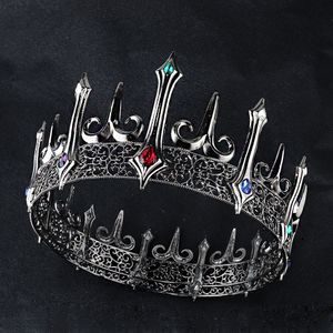 Düğün Saç Takıları Barok Vintage Kristal Kadın Kraliçe Big Tiaras Black Crowns Kraliyet Kral Erkekler İçin Yuvarlak Gotik Kostüm Aksesuarları 230909