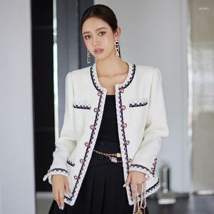 Damenjacken Hochwertige französische Art-Frauen-weiße Jacke 2023 Herbst-elegante Woll-weibliche Mode-Tweed-Frau-Top-Outwear