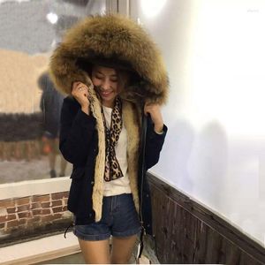 Kadınlar Kürk Kadın Kısa Stil Kış Ceket Büyük Raccoon yaka lacivert Faux Rex Çizgili Bayan Furs Ceket