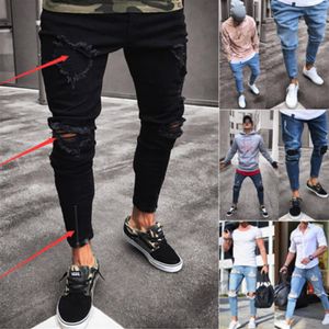 Moda Erkek Yırtık Skinny Jeans Yıpranmış Yıpranmış Hollow Out İnce Fit Denim Pant294d