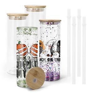 2 days delivery ship from USA 12OZ 16OZ 25OZ Tumblers Mugs Clear Sublimation Double Wall Glass Tumbler DIY Snow Globe Blank Can with Bamboo Lids Beer Juice 911