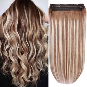 FANSSI Human Hair Extensions real hair Brown mix blonde Invisible Wire Hair Extensions Natural Straight hair with Transparent Fish Line #8/60