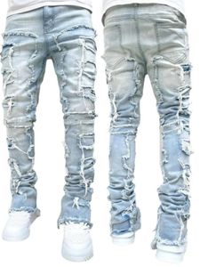 Jeans masculinos ajuste regular empilhado remendo angustiado destruído roupas retas casual jean streetwear