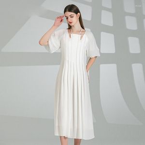 Günlük elbiseler litchi beyaz çift katman saf dut ipek kare boyun feneri kısa kollu büyük salıncak sanatsal elbise ay209
