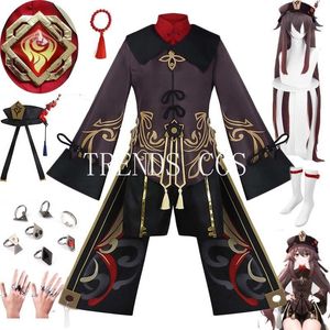 Tema Kostüm Yüksek Kaliteli Oyun Genshin Etki Hu Tao Cosplay üniforma Deluxe Suits Elbise şapka çorapları peruk aksesuarları yüzük Hutao kıyafetleri 230912