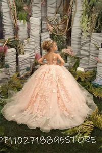 Abiti da ragazza di lusso rosa una linea di fiori per abiti da festa di compleanno per bambini Illusion Appliques farfalle abiti da principessa abiti da sposa 2023