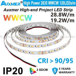 LED Şeritler Auxmer Yüksek Güç 2835 WWCW 120LEDS/M LED Şerit Işıkları CRI95 CRI90 IP20 DC12V/24V 28.8W/M 19.2W/m 5m CCT Renk Renk Sıcaklığı Ayarlanabilir LED Bant HKD230912