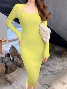 Vestidos casuais amarelo elegante magro crochê split vestido mulheres 2023 outono preto malha halter feminino mid-comprimento y2k moda