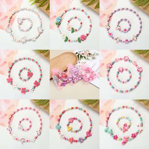 2pcs Set Cartoon Jewelry Sets Cute Pattern Natural Wood Beads Fashion Necklace Bracelet For Children Jewelry Birthday Gift