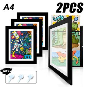 Çerçeveler 2 PCS Çocuk Art Frame Set A4 Boyut Ahşap Değiştirilebilir PO Ekran Çocuklar Artwork Organizer Ev Ofis Resim Ekranı 230912