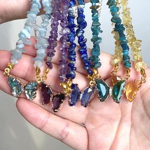 Kristal düzensiz ametist malakit doğal çip taş kolye kelebek cazibesi kolyeler için kadınlar için kızlar moda mücevher