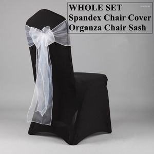 Cadeira cobre preto branco spandex capa de banquete com faixa de faixa de organza arco para decoração de evento de casamento