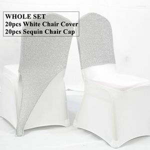 Sandalye kapakları tam set 20pcs Beyaz spandeks kapağı, Sequet Düğün Etkinliği Dekorasyonu için Sequin Cap Hood ile