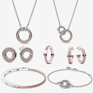 2023 Новый дизайнерский браслет с подвесками из розового золота, серьги-кольца для женщин, DIY Fit Pandoras Signature, двухцветное ожерелье с переплетенными кругами, цепочка на ключицы, модный подарок