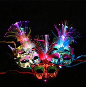 Maschera illuminante in fibra LED Maschere in maschera per travestimenti Maschere per feste in maschera con piume luminose