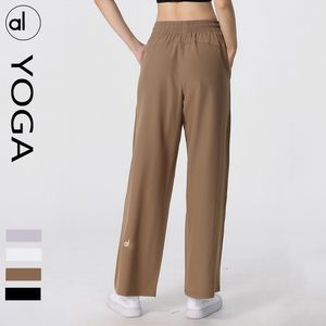 AL08 Calça de corrida feminina para ioga, pronta para puxar corda, elástica, solta, pernas largas, cintura alta, respirável, corrida, perna reta