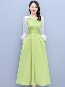 Sıradan Elbiseler 2023 Kadın Maxi Yeşil Elbise Bahar Sonbahar Mulberry İpek Bel Moda Uzun Kollu Bodycon Festa Luxo Party Midi