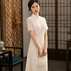 Etnik Giyim 2023 Yaz Orta Uzunluk Beyaz İnce Dantel Geliştirilmiş Aodai Cheongsam Daily Hollow Çin Tarzı Gece Elbisesi Kadınlar İçin