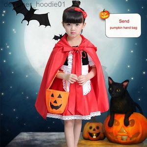 Kadın Cape 5pcs Kids Cadılar Bayramı Kostüm Cosplay Çocuk Hediyesi Cadılar Bayramı Çocuk Kostüm Kızlar Bebek Cosplay Küçük Kırmızı Binicilik Şovu L230914