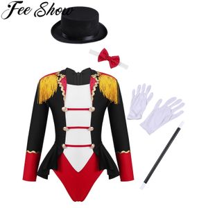Детский цирковой костюм для девочек, купальник с длинными рукавами и галстуком-бабочкой, шляпа, волшебная палочка, перчатки, комплект для Хэллоуина, Рождества, нарядное платье 230914