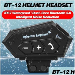 Intercomunicador para motocicleta Bt-12 12S Capacete sem fio Bluetooth 5.0 Fone de ouvido mãos fone de ouvido estéreo música anti-interferência à prova d'água Drop Del Dhv8H