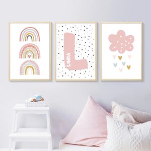 Cartoon Rainbow Clouds Nome personalizzato del bambino Nursery Poster Pittura su tela Wall Art Print Picture Kids Girl Room Interior Home Decor L01