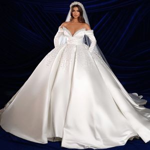 Sexy profundo decote em v vestidos de casamento elegante artesanal pérolas vestido de baile de manga longa renda cetim plus size escova trem vestidos de noiva vestido