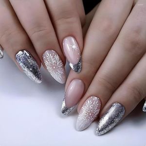 24Pcs Christmas Long Almond Press On Nails Silver Shiny Powder Snowflake Design Detachable Full Cover Tips