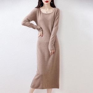 Sıradan Elbiseler Kadın Merino Yün Sweater Elbise 2023 Sonbahar/Kış Kadın O boyun yakalı uzun örgü kazak