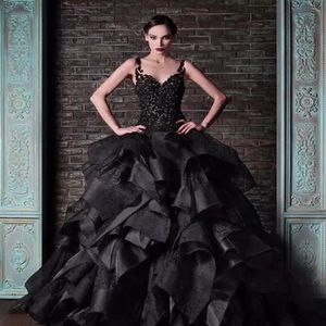 Rami Kadi Siyah Balo Elbise Gelinlik Spagetti Kayışları Vintage Dantel Organza fırfırlar kabarık gotik gelin resmi elbise Düğün G266c