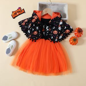 Комплекты одежды на Хэллоуин для маленьких девочек, платье с рисунком тыквы, сетчатая пачка с длинными рукавами и повязкой для волос, комбинезон для дома для младенцев 230914