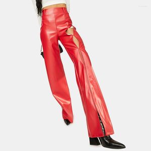 Kadın pantolon sahte deri ön bölünmüş alevli gündelik pvc gevşek geniş bacak pant pu lateks yüksek bel artı boyutu parlama pantolon özel