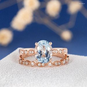 Кольца кластера CxsJeremy Натуральный Аквамарин 9 7 мм Свадебный комплект Обручальное кольцо Розовое золото 14 карат с бриллиантами Обручальное кольцо Женское юбилейное Уникальное 2 шт.