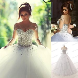 Luxurious Rhinestones Crystal Ball Gown Wedding Dresses Vintage O Neck Long Sleeves Backless Plus Size Floor-length Bridal Gowns2013