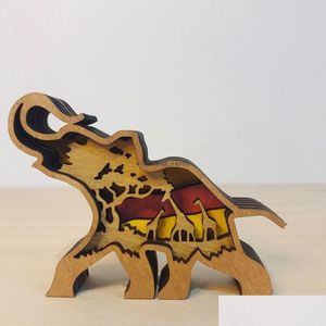 Другой домашний декор Mon Son Africa Elephant Craft 3D Laser Cut Wood Gift Art Crafts Set Лесные животные Украшение стола Статуи слонов O Dhr3X