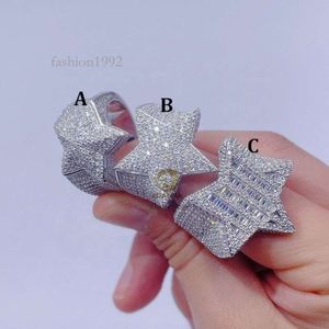 Sterling Silver Plated Iced Out Hip Hop Men's Fashion VVS Moissanite Star Ring