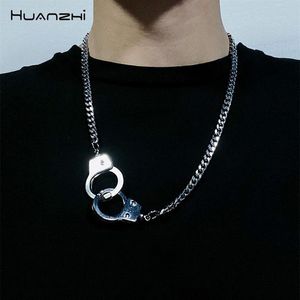 HUANZHI Vintage Punk Handschellen Anhänger Kette Link Klassische Hip Hop Silber Farbe Einfache Stil Paar Halskette Für Männer Jewelry263h