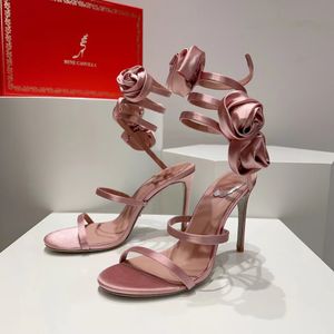 En Kalite Rene Caovilla Yüksek Topuk Sandalları İpek Yılan Sarılı Ayak Bileği Kayışı Moda Tasarımcı Elbise Ayakkabı Saten Çiçek Dekorasyonu Açık Ayak Parti Partisi Düğün Ayakkabıları