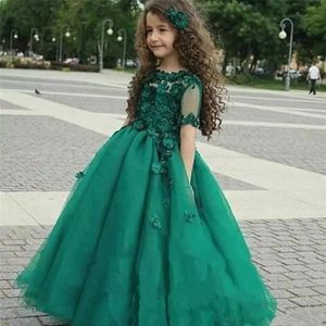 Emerald Yeşil Kısa Kollu Çiçek Kız Elbiseler El Yapımı Çiçekler Boncuklu Beateau Tül Prenses Kızlar Pageant Partisi Balo Akşam Dre239o