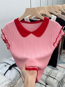 Kadın Tişörtleri Y2K Pembe Kısa Kollu T-Shirt Seksi Kore Vintage Harajuku Moda Örme Tee Sesli Femme Crop TOPLAR YAZ TOP 2023