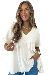 Kadın bluzları rahat üstler gevşek düz renkli fırfırlı şifon gömlek dişi yaz yarım kol bluz