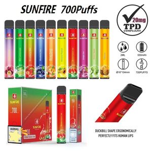 Аутентичный Sunfire 700 Puffs TPD одноразовый вейп 2 мл предварительно заполнен 10 зарегистрированных ароматов 20 мг электронных сигарет 550 мАч.