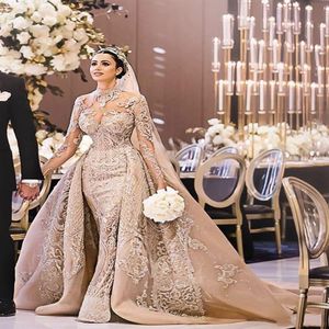 Luxury Arabic Champagne Mermaid Wedding Dresses With Detachable Train High Neck 3D Lace Long Sleeves Bridal299r