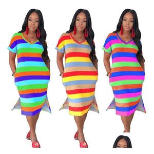 Annelik Elbiseleri En Yeni Kadınlar Yaz Elbisesi Kısa Kol V Yağlı Çizgili Sıradan Tatil Rüzgar Gevşek 3 Renk Orta Uzun Toptan Damla Deli Dhd8z
