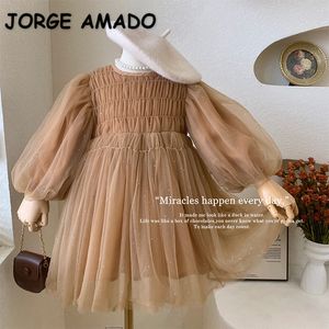 Vestidos de batismo estilo coreano primavera outono crianças menina vestido mangas compridas café o pescoço malha princesa criança roupas e22001 230918