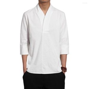 Мужские футболки, традиционная китайская хлопковая льняная футболка Hanfu с v-образным вырезом, свободная мужская футболка большого размера, мужская мода