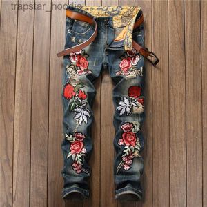 Männer Jeans Männer Retro Washed Rose Stickerei Gerade Bein Jeans Designer Berühmte Marke Slim Fit Blenched Biker Blau Denim Hosen 0791 L230918