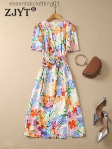 Temel gündelik elbiseler zjyt zarif parti elbiseleri kadınlar için 2023 yaz tasarımcısı süslü çiçek baskısı diz uzunluğu vestidos gündelik tatil elbise femmes xxl l230918